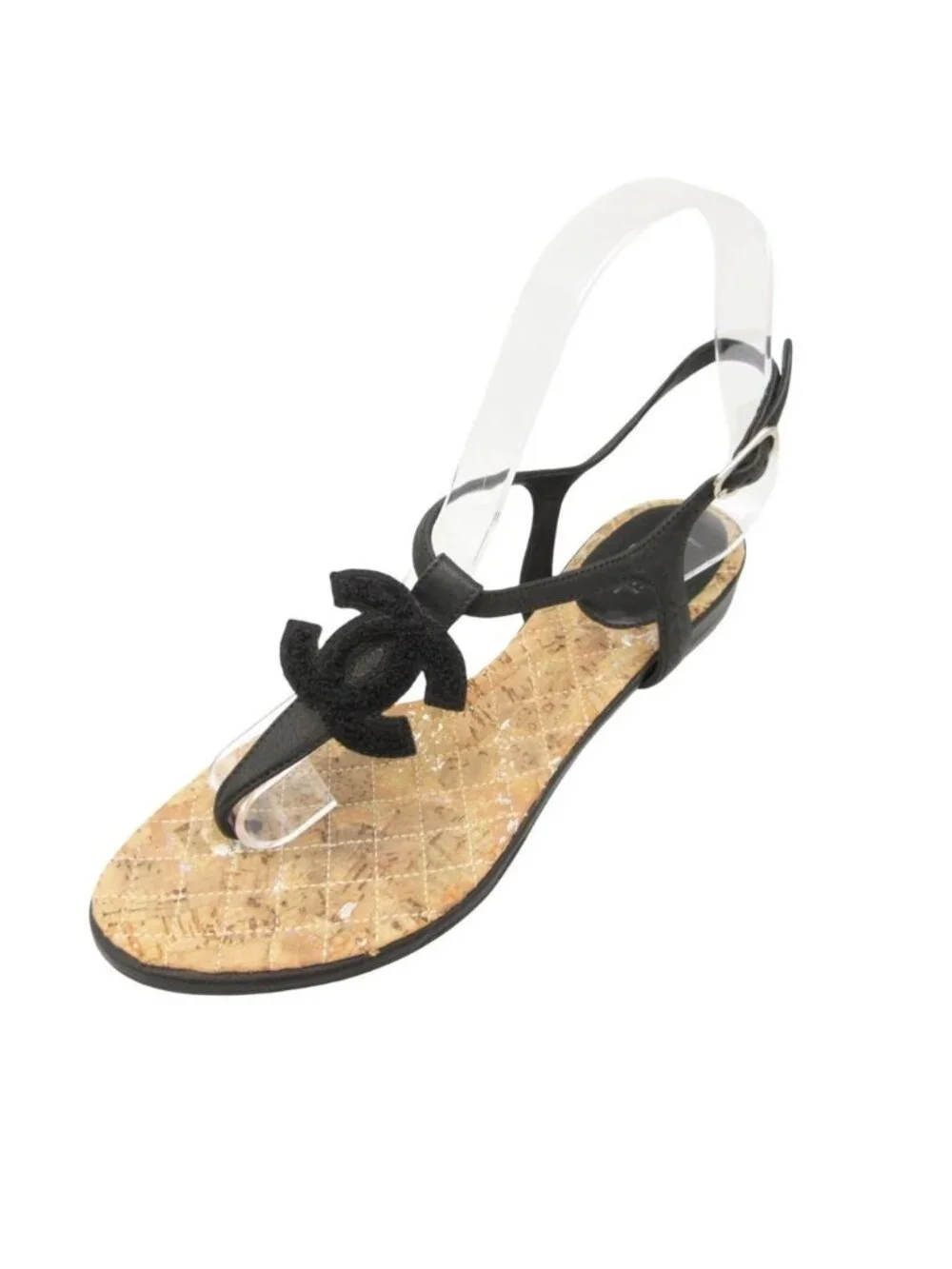 Chanel Sandals Beach Thong CC Logo T Strap Quilted Cork Black